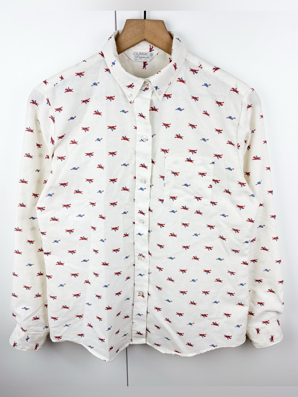 Vintage 70s Equestrian Horse Jockey Pattern Dagger Collar Button Down Shirt